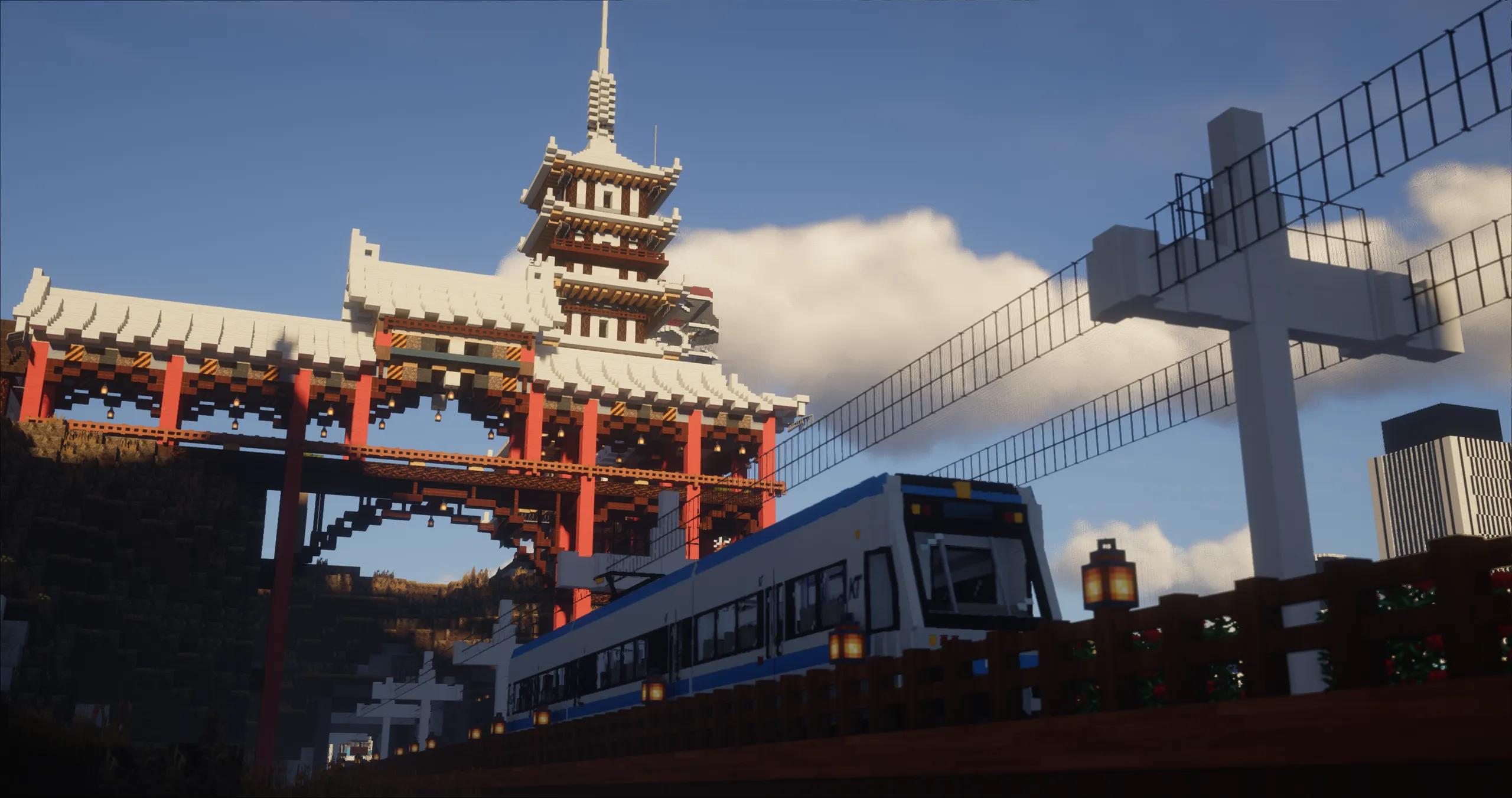 A New Kitariku tram passing an elevated walkway and traditional architecture